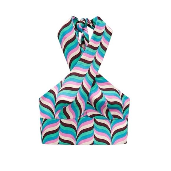 ZARA Satin Effect Crop Top Halter Top with Bold Unique Retro 70's 60's Print M - Picture 1 of 7
